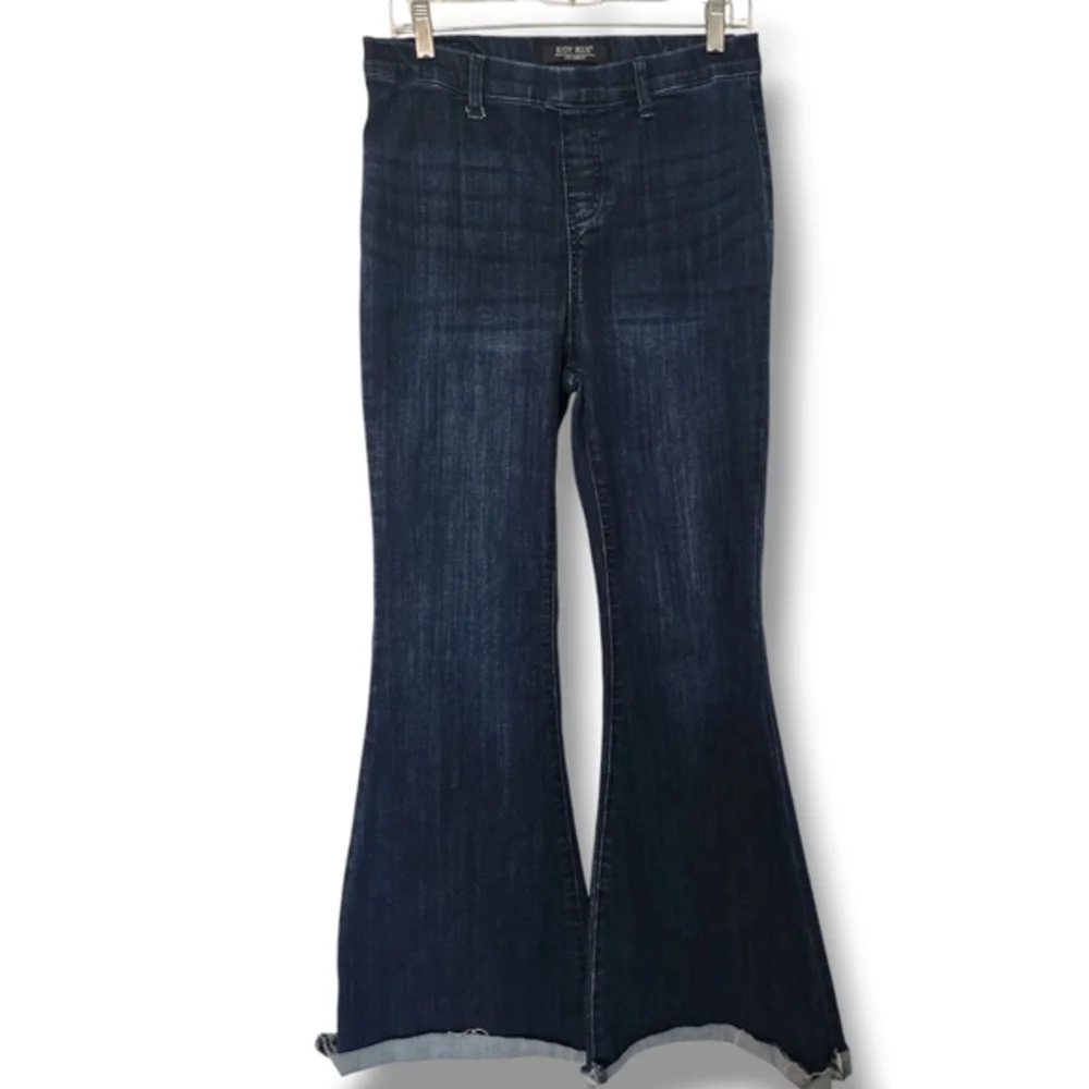 Judy Blue dark blue wash raw hem super stretch pull on super flare jeans 9/29 - Picture 1 of 13